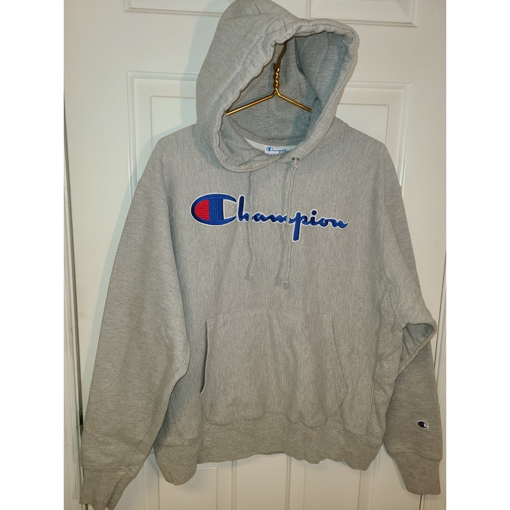 Champion Reverse Weave Script Spellout Pullover Hoodie Gray Mens Sz‎ Lg